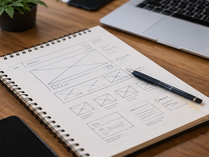 Illustrative website planning sketch on a work desk